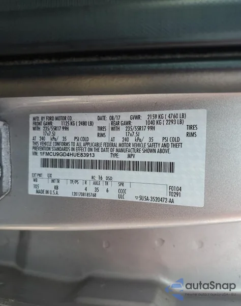 2017 Ford Escape Se from USA, damaged, VIN 1FMCU9GD4HUE83913